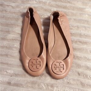 Tory Burch Nude Blush Leather Logo Ballet Flats